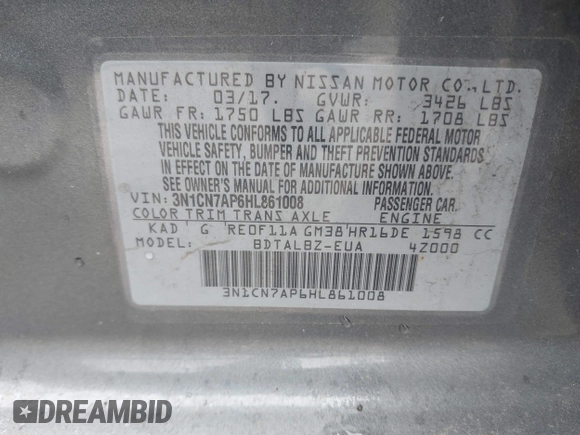 2017 Nissan Versa SV with VIN 3N1CN7AP6HL861008, listed as a IAAI auction lot 42241273 with 101,492 mi miles and . Bid and sale history available at DreamBid. Image 9.