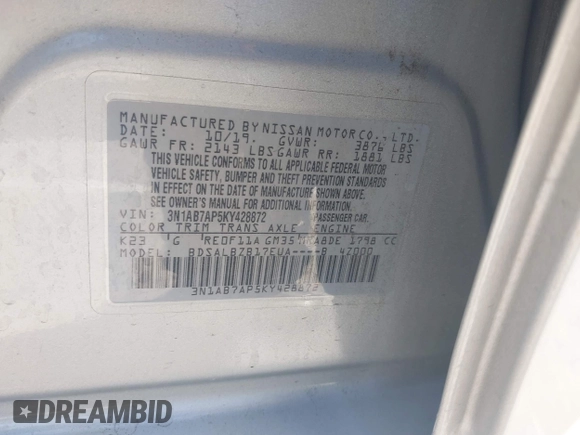 2019 Nissan Sentra S with VIN 3N1AB7AP5KY428872, listed as a IAAI auction lot 42004343 with 51,340 mi miles. Bid and sale history available at carsss.com. Image 9.