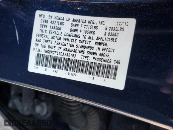 2013 Honda Accord Sport with VIN 1HGCR2F59DA250193, listed as a Copart auction lot 53237935 with 179,333 mi miles and Salvage Title. Bid and sale history available at DreamBid. Image 12.
