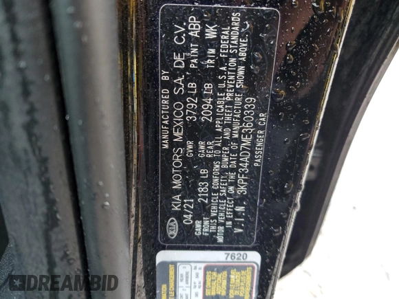 2021 Kia Forte GT-Line with VIN 3KPF34AD7ME360339, listed as a Copart auction lot 52974445 with 18,445 mi miles and Salvage title. Bid and sale history available at DreamBid. Image 13.
