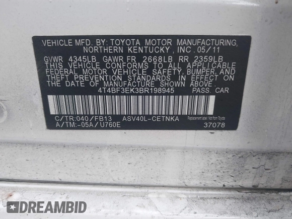 2011 Toyota Camry LE with VIN 4T4BF3EK3BR198945, listed as a IAAI auction lot 41879536 with 297,861 mi miles. Bid and sale history available at carsss.com. Image 9.
