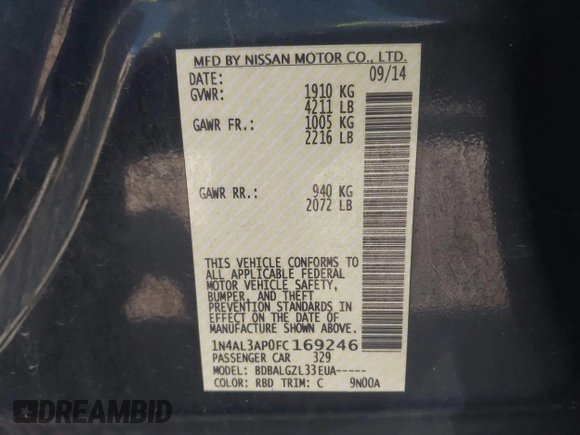 2015 Nissan Altima SV with VIN 1N4AL3AP0FC169246, listed as a IAAI auction lot 41959670 with 138,865 mi miles and . Bid and sale history available at DreamBid. Image 9.