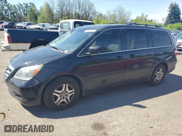2005 Honda Odyssey EX-L z VIN 5FNRL38735B043791, wystawiony jako Copart lot #55844725 z przebiegiem 172 648 mil mil oraz Szkoda całkowita • Salvage title. Historia ofert i sprzedaży dostępna na DreamBid. Obrazek 1.