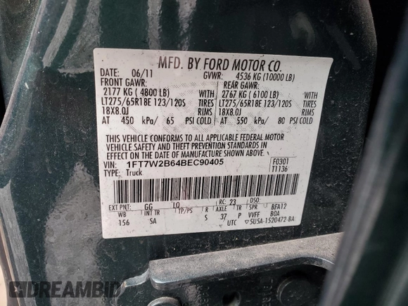 2011 Ford F-250 XL with VIN 1FT7W2B64BEC90405, listed as a Copart auction lot 80890704 with Not provided miles and Salvage title. Bid and sale history available at DreamBid. Image 12.