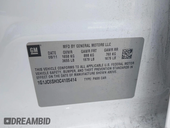 2012 Chevrolet Sonic LT with VIN 1G1JC6SH3C4105414, listed as a IAAI auction lot 42435826 with 103,964 mi miles and . Bid and sale history available at DreamBid. Image 9.
