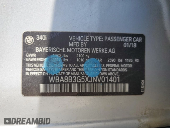 2018 BMW 3 Series 340i z VIN WBA8B3G5XJNV01401, wystawiony jako Copart lot #58819675 z przebiegiem 103 919 mil mil oraz Szkoda całkowita • Salvage title. Historia ofert i sprzedaży dostępna na DreamBid. Obrazek 12.