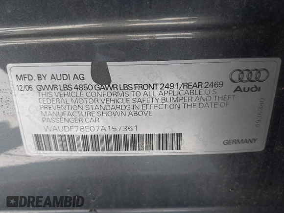 2007 Audi A4 2.0T with VIN WAUDF78E07A157361, listed as a IAAI auction lot 42116865 with 119,613 mi miles. Bid and sale history available at carsss.com. Image 9.
