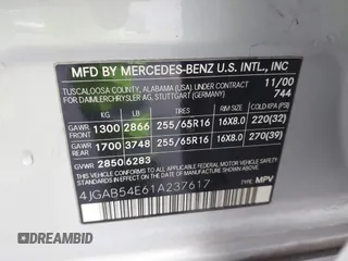 2001 Mercedes-Benz M 320/430/500 with VIN 4JGAB54E61A237617, listed as a IAAI auction lot 41788348 with 178,752 mi miles and . Bid and sale history available at DreamBid. Image 9.