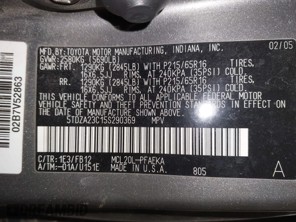 2005 Toyota Sienna CE with VIN 5TDZA23C15S290369, listed as a IAAI auction lot 42143101 with 248,825 mi miles. Bid and sale history available at carsss.com. Image 9.