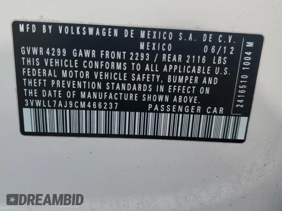 2012 Volkswagen Jetta TDI с VIN 3VWLL7AJ9CM466237, выставлен на аукционе Copart как лот 55910985 с пробегом 129 713 миль миль и Списание • Salvage title. История ставок и продаж доступна на DreamBid. Изображение 12.