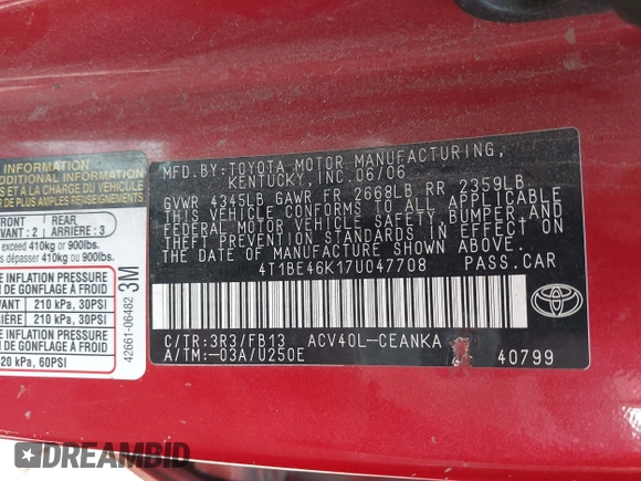 2007 Toyota Camry CE z VIN 4T1BE46K17U047708, wystawiony jako IAAI lot #42377168 z przebiegiem 177 695 mil mil oraz . Historia ofert i sprzedaży dostępna na DreamBid. Obrazek 9.