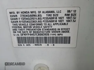 2012 Honda Pilot EX-L with VIN 5FNYF4H57CB083926, listed as a Copart auction lot 63507295 with 177,458 mi miles and Salvage title. Bid and sale history available at DreamBid. Image 12.