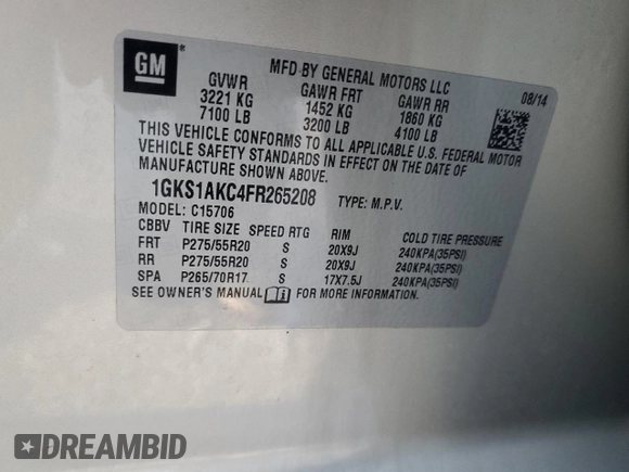 2015 GMC Yukon SLE with VIN 1GKS1AKC4FR265208, listed as a Copart auction lot 42324245 with 105,760 mi miles and Salvage Title. Bid and sale history available at carsss.com. Image 13.
