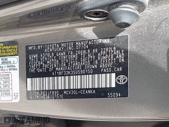 2005 Toyota Camry LE with VIN 4T1BF32K35U590150, listed as a IAAI auction lot 42053337 with 180,627 mi miles and . Bid and sale history available at DreamBid. Image 9.