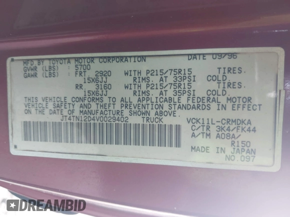 1997 Toyota T100 DX z VIN JT4TN12D4V0029402, wystawiony jako IAAI lot #42397862 z przebiegiem 279 151 mil mil oraz . Historia ofert i sprzedaży dostępna na DreamBid. Obrazek 9.