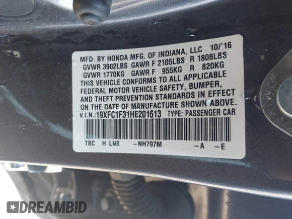 2017 Honda Civic EX-T with VIN 19XFC1F31HE201613, listed as a IAAI auction lot 41805398 with 170,814 mi miles. Bid and sale history available at carsss.com. Image 9.