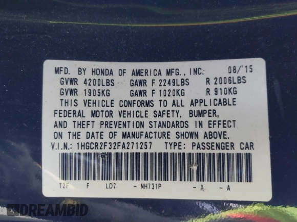 2015 Honda Accord Sedan LX with VIN 1HGCR2F32FA271257, listed as a IAAI auction lot 41423900 with 114,266 mi miles. Bid and sale history available at carsss.com. Image 9.
