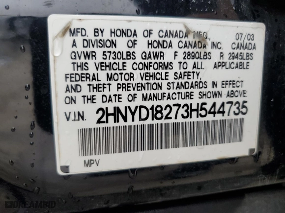 2003 Acura MDX with VIN 2HNYD18273H544735, listed as a Copart auction lot 43746955 with 337,084 mi miles and Salvage Title. Bid and sale history available at carsss.com. Image 13.