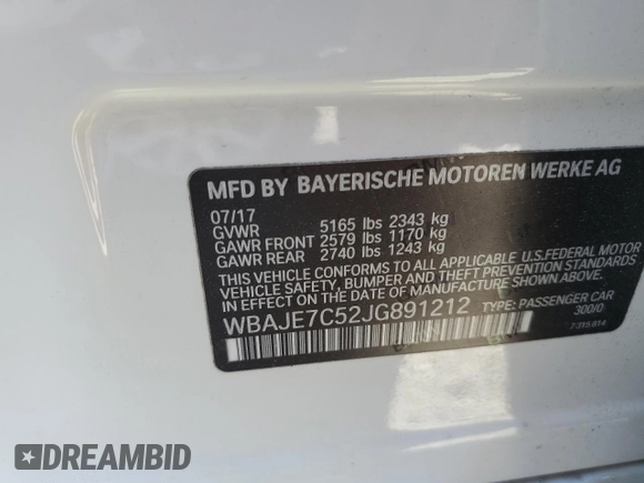 2018 BMW 5 Series 540i xDrive with VIN WBAJE7C52JG891212, listed as a Copart auction lot 58119195 with 73,770 mi miles and Salvage title. Bid and sale history available at DreamBid. Image 12.