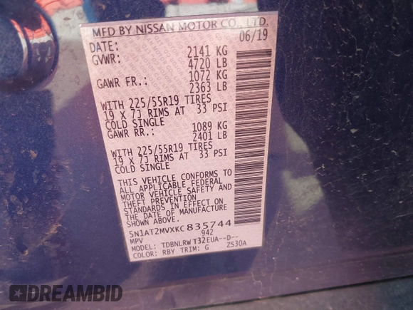 2019 Nissan Rogue SL with VIN 5N1AT2MVXKC835744, listed as a IAAI auction lot 41321618 with 62,872 mi miles. Bid and sale history available at carsss.com. Image 9.