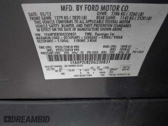 2013 Ford Taurus SEL with VIN 1FAHP2E82DG230831, listed as a IAAI auction lot 42078978 with 207,075 mi miles and . Bid and sale history available at carsss.com. Image 9.