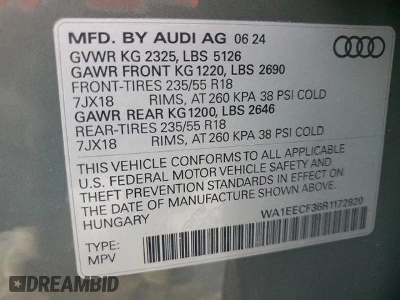 2024 Audi Q3 S line Premium Plus z VIN WA1EECF36R1172920, wystawiony jako Copart lot #87403704 z przebiegiem 2564 mil mil oraz Nie do naprawy. Historia ofert i sprzedaży dostępna na DreamBid. Obrazek 14.