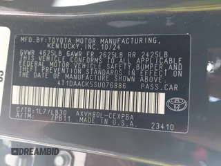 2025 Toyota Camry LE with VIN 4T1DAACK5SU076886, listed as a IAAI auction lot 41629641 with 9,919 mi miles and . Bid and sale history available at DreamBid. Image 9.