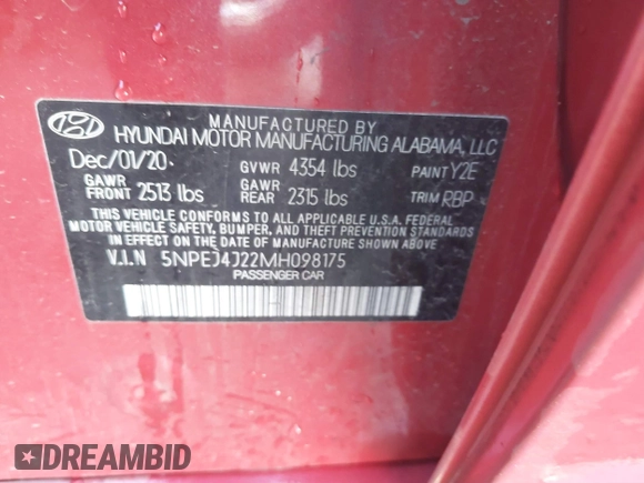 2021 Hyundai Sonata SEL Plus with VIN 5NPEJ4J22MH098175, listed as a IAAI auction lot 41379948 with 78,519 mi miles and . Bid and sale history available at DreamBid. Image 9.