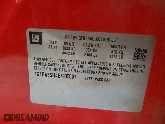 2014 Chevrolet Cruze LS with VIN 1G1PA5SH4E7435591, listed as a Copart auction lot 52645965 with 194,035 mi miles and Salvage Title. Bid and sale history available at carsss.com. Image 12.