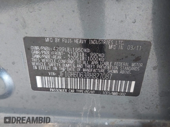 2011 Subaru Impreza Outback Special Sports с VIN JF1GH6D63BH827087, выставлен на аукционе IAAI как лот 41958146 с пробегом 103 202 миль миль и . История ставок и продаж доступна на DreamBid. Изображение 9.