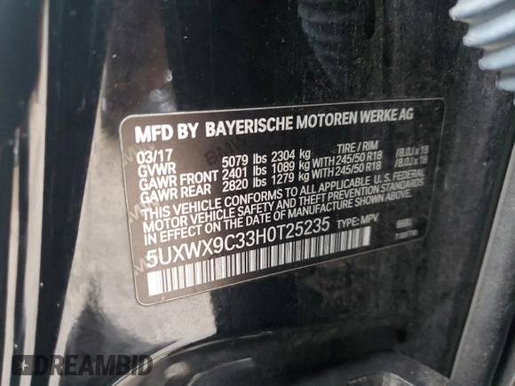 2017 BMW X3 xDrive28i with VIN 5UXWX9C33H0T25235, listed as a Copart auction lot 43625065 with 116,360 mi miles and Salvage Title. Bid and sale history available at DreamBid. Image 15.