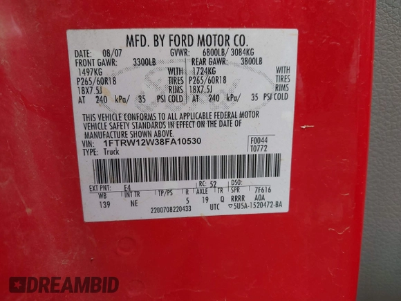 2008 Ford F-150 XL with VIN 1FTRW12W38FA10530, listed as a IAAI auction lot 42180385 with 279,244 mi miles and . Bid and sale history available at DreamBid. Image 9.