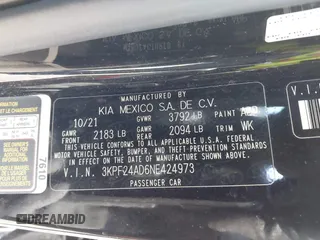 2022 Kia Forte LXS with VIN 3KPF24AD6NE424973, listed as a IAAI auction lot 41845140 with 49,917 mi miles and . Bid and sale history available at DreamBid. Image 9.
