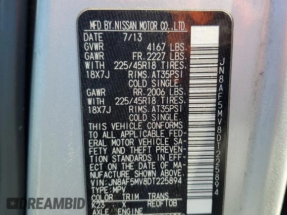 2013 Nissan Juke Nismo with VIN JN8AF5MV8DT225894, listed as a Copart auction lot 52988025 with Not provided miles and Salvage title. Bid and sale history available at DreamBid. Image 13.