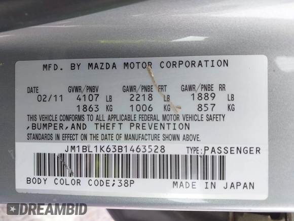 2011 Mazda 3 s Sport with VIN JM1BL1K63B1463528, listed as a IAAI auction lot 41979334 with 170,192 mi miles. Bid and sale history available at carsss.com. Image 9.