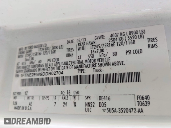 2013 Ford Econoline Cargo Commercial with VIN 1FTNE2EW9DDB02704, listed as a IAAI auction lot 42596289 with 243,629 mi miles and . Bid and sale history available at DreamBid. Image 9.