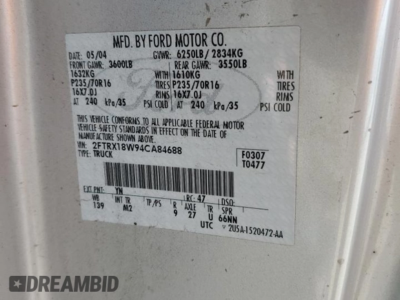 2004 Ford F-150 XL with VIN 2FTRX18W94CA84688, listed as a Copart auction lot 52875955 with Not provided miles and Salvage title. Bid and sale history available at DreamBid. Image 12.