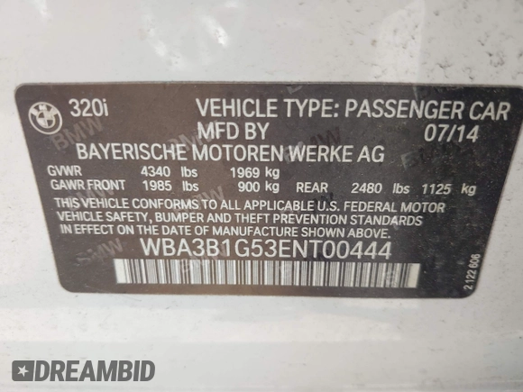 2014 BMW 3 Series 320i with VIN WBA3B1G53ENT00444, listed as a IAAI auction lot 42082984 with 94,401 mi miles. Bid and sale history available at carsss.com. Image 9.