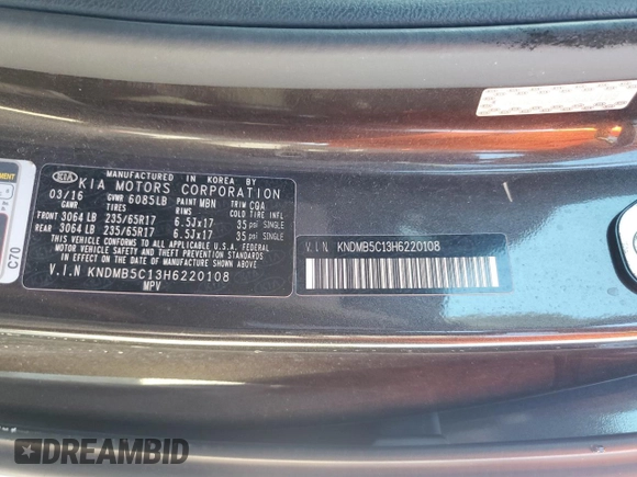 2017 Kia Sedona LX with VIN KNDMB5C13H6220108, listed as a Copart auction lot 72136674 with 72,426 mi miles and Salvage Title. Bid and sale history available at carsss.com. Image 13.