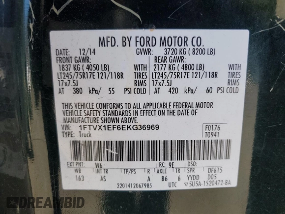 2014 Ford F-150 XL с VIN 1FTVX1EF6EKG36969, выставлен на аукционе Copart как лот 88285395 с пробегом 175 214 миль миль и Чистый • Clean title. История ставок и продаж доступна на DreamBid. Изображение 12.