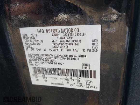 2013 Ford F-150 XL with VIN 1FTFX1EF5DFB74027, listed as a IAAI auction lot 42472119 with 113,681 mi miles and . Bid and sale history available at DreamBid. Image 9.