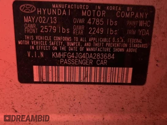 2013 Hyundai Azera с VIN KMHFG4JG4DA283684, выставлен на аукционе Copart как лот 62190285 с пробегом 58 994 миль миль и Чистый • Clean title. История ставок и продаж доступна на DreamBid. Изображение 10.