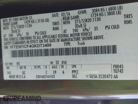 2016 Ford F-150 XL with VIN 1FTEW1CF4GKD73499, listed as a IAAI auction lot 42072755 with 186,550 mi miles and . Bid and sale history available at DreamBid. Image 9.