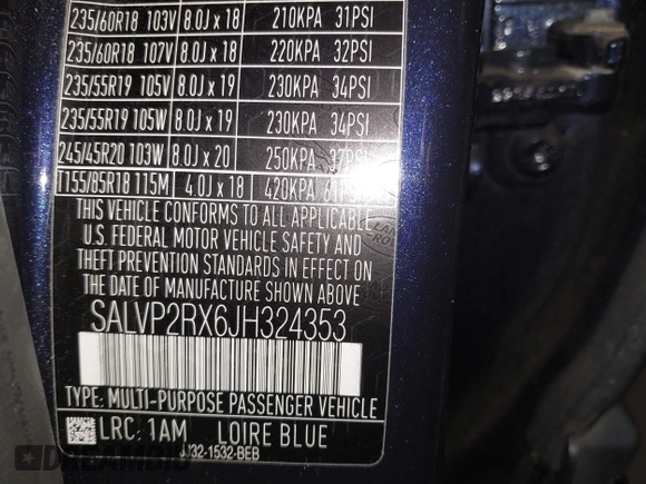 2018 Land Rover Range Rover Evoque SE with VIN SALVP2RX6JH324353, listed as a IAAI auction lot 41293528 with 83,024 mi miles and . Bid and sale history available at DreamBid. Image 9.