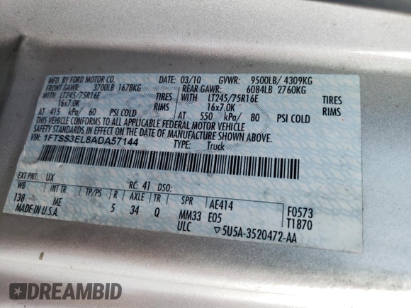 2010 Ford Econoline Cargo Commercial with VIN 1FTSS3EL8ADA57144, listed as a Copart auction lot 72791634 with Not provided miles and Clean title. Bid and sale history available at DreamBid. Image 13.