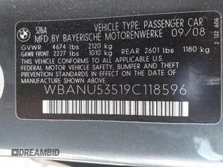 2009 BMW 5 Series 528i with VIN WBANU53519C118596, listed as a IAAI auction lot 41482725 with 130,975 mi miles and . Bid and sale history available at carsss.com. Image 9.