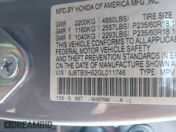 2016 Acura RDX Technology with VIN 5J8TB3H52GL011746, listed as a IAAI auction lot 41817596 with 82,546 mi miles and . Bid and sale history available at DreamBid. Image 9.