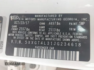 2018 Kia Optima LX z VIN 5XXGT4L31JG234618, wystawiony jako IAAI lot #42126375 z przebiegiem 111 540 mil mil oraz . Historia ofert i sprzedaży dostępna na DreamBid. Obrazek 9.
