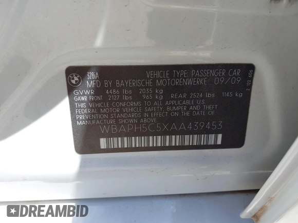2010 BMW 3 Series 328i with VIN WBAPH5C5XAA439453, listed as a IAAI auction lot 42636515 with 98,702 mi miles and . Bid and sale history available at DreamBid. Image 9.