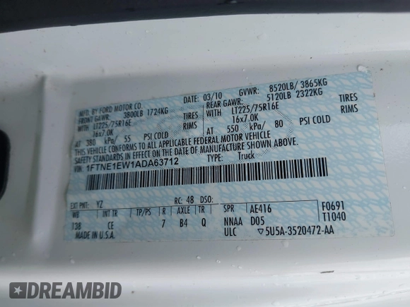 2010 Ford Econoline Cargo Commercial with VIN 1FTNE1EW1ADA63712, listed as a IAAI auction lot 42003310 with Not Provided miles and . Bid and sale history available at carsss.com. Image 9.